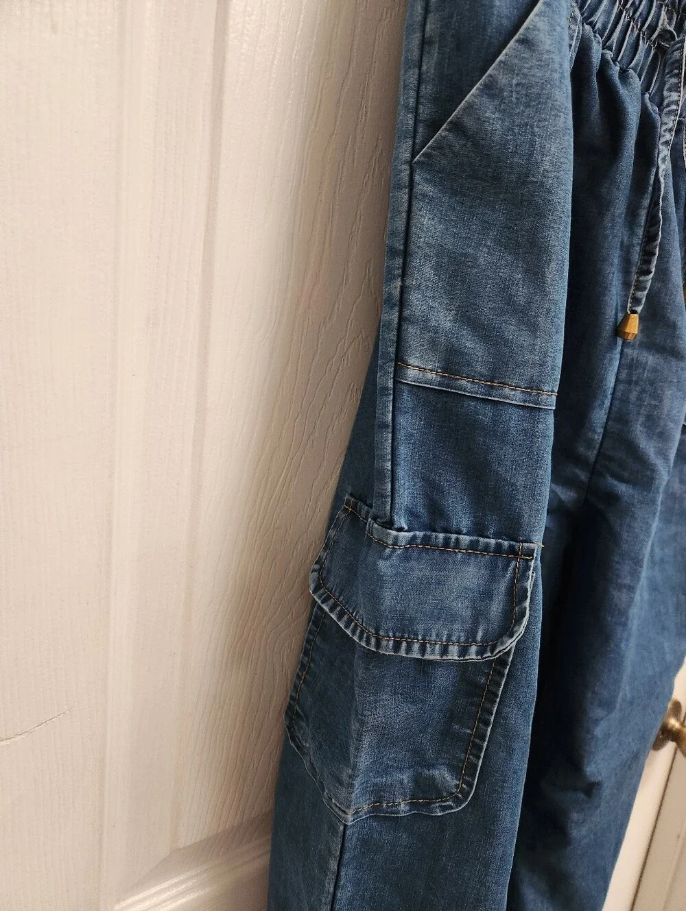 Denim Strapless Jumpsuit with Cargo Pockets - Blue - Picture 3 of 12